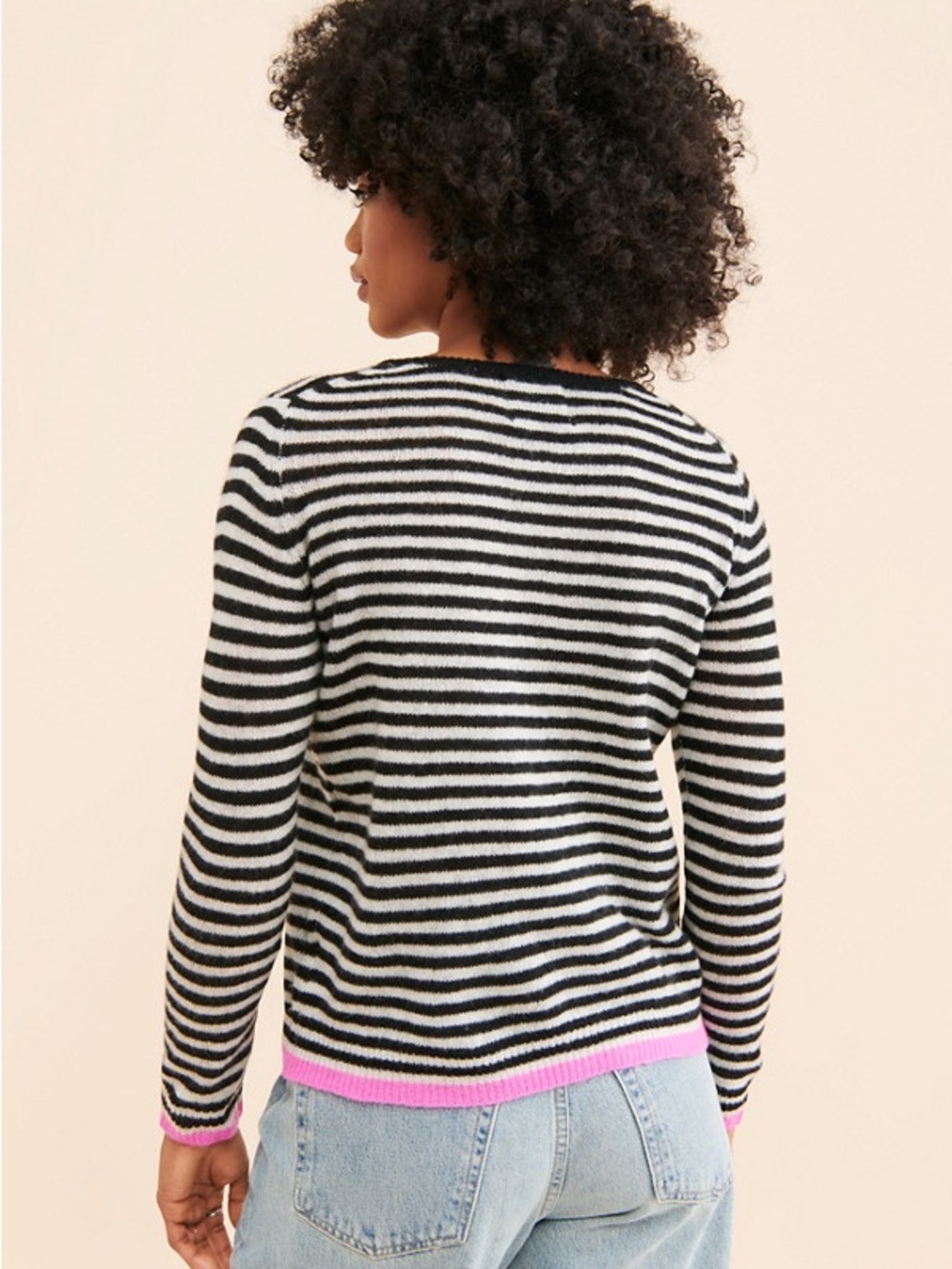 100% Cashmere Striped Black & White Crewneck Sweater with Pink Trim - Picture 2 of 3